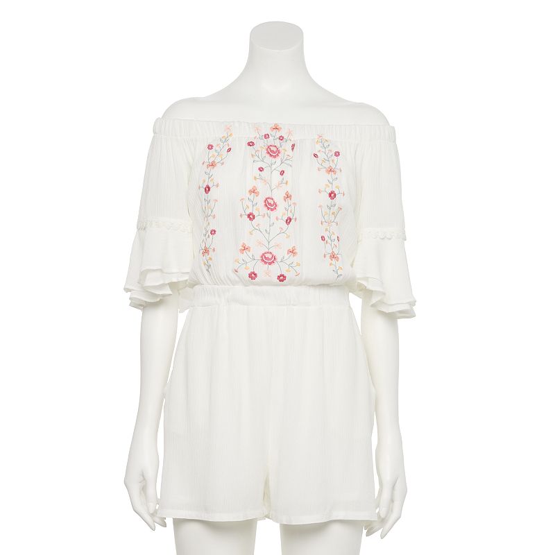 Juniors' Hint of Mint Embroidered Romper, Women's, Size: Large, White