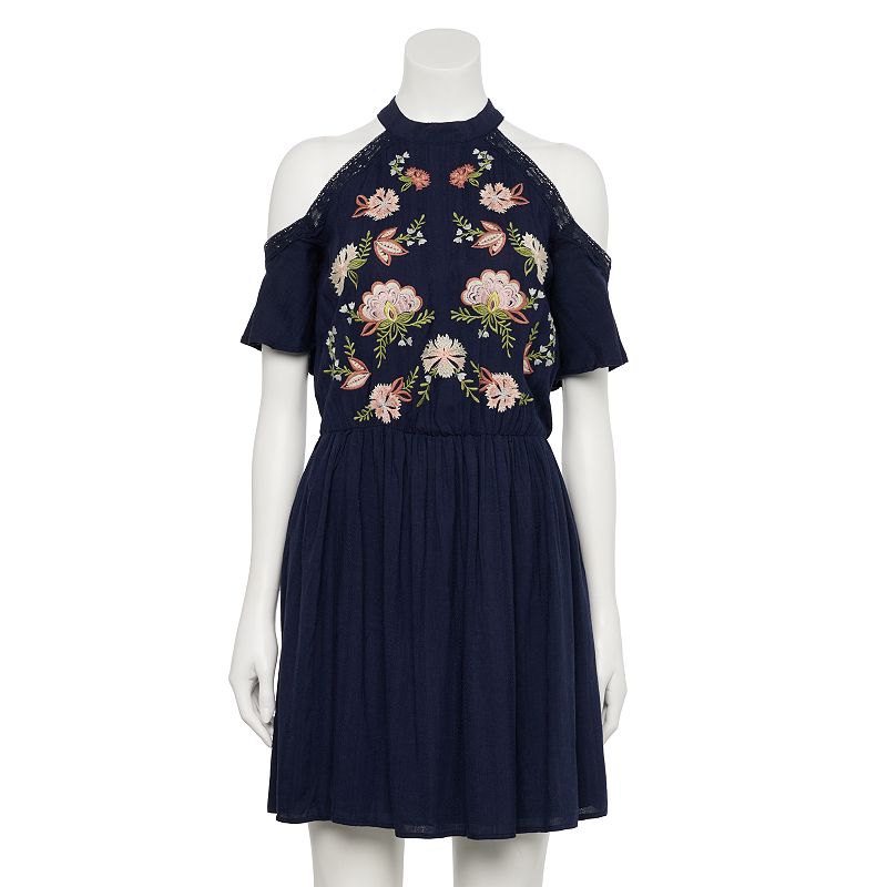 Juniors' Hint of Mint Embroidered Mockneck Dress, Women's, Size: Medium, Med Blue