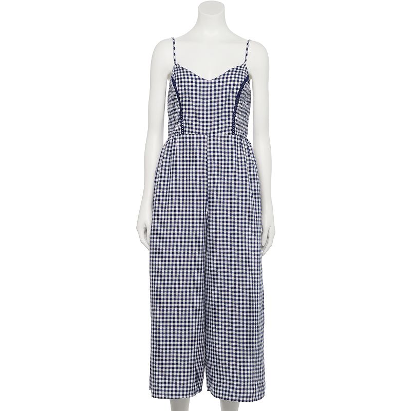 Juniors' Hint of Mint Plaid Jumpsuit, Women's, Size: Large, Blue