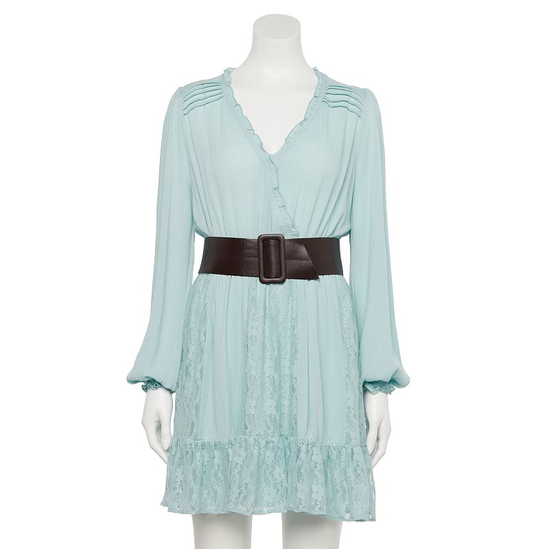 Juniors' Hint of Mint Lace Spliced Ruffle Long Sleeve Dress with Leatherette Belt, Women's, Size: Large, Turquoise/Blue