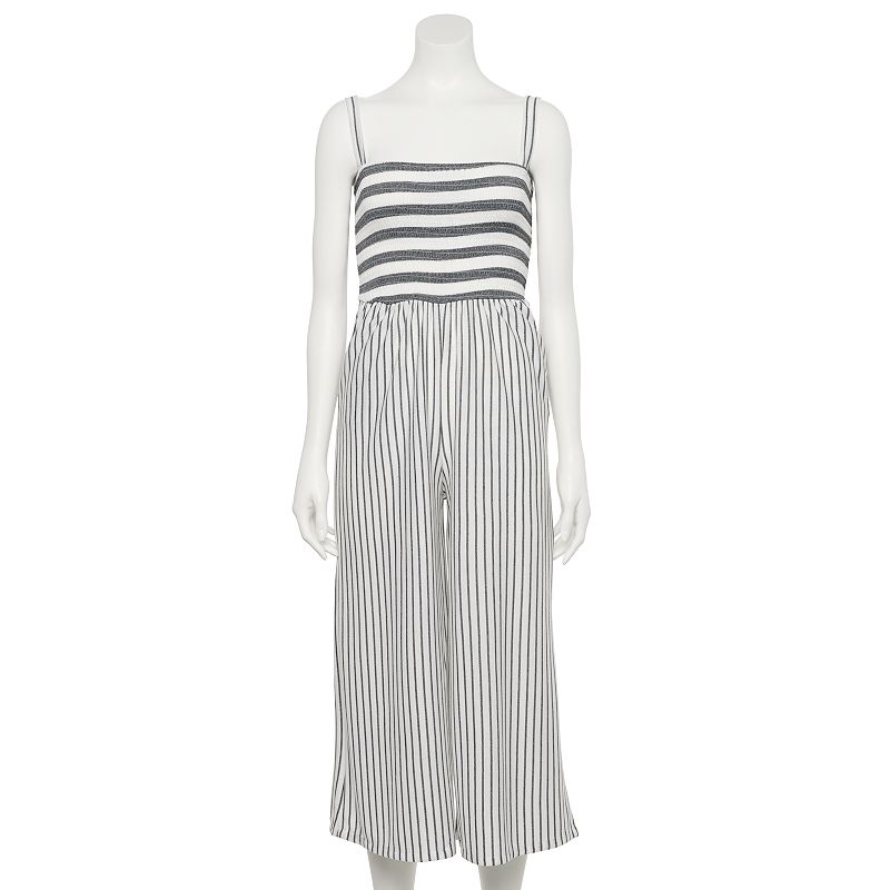 Juniors' Hint of Mint Mix Striped Smocked Bodice Knit Jumpsuit, Women's, Size: Medium, Dark Blue