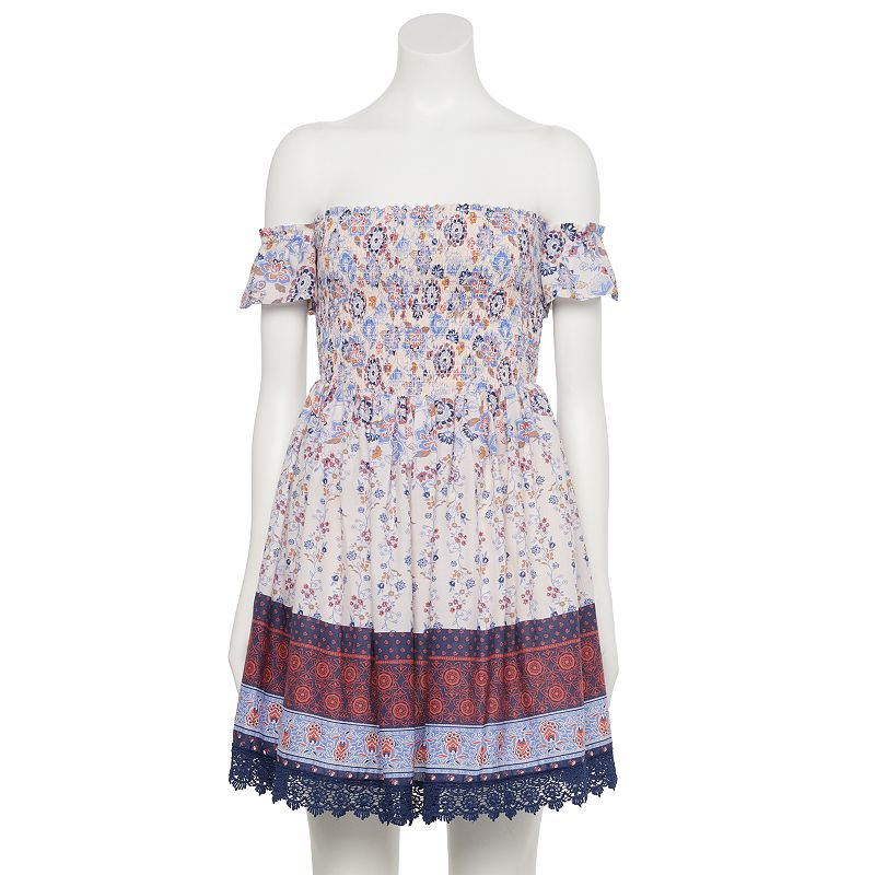 Juniors' Hint of Mint Smocked Off-the-Shoulder Crochet Skater Dress, Women's, Size: Small, White