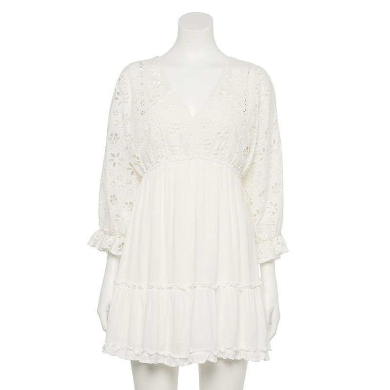 Juniors' Hint of Mint Eyelet Mix Ruffled Dress, Women's, Size: Medium, Natural
