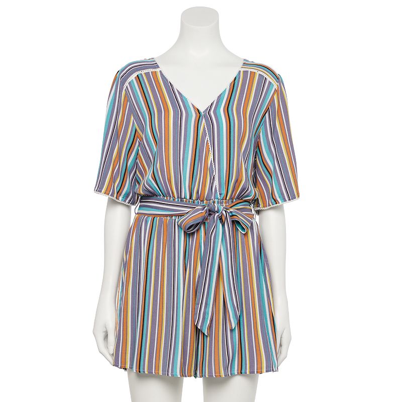 Juniors' Hint of Mint Shadow Stripe Crochet Mix Wrap Romper, Women's, Size: XL, Blue