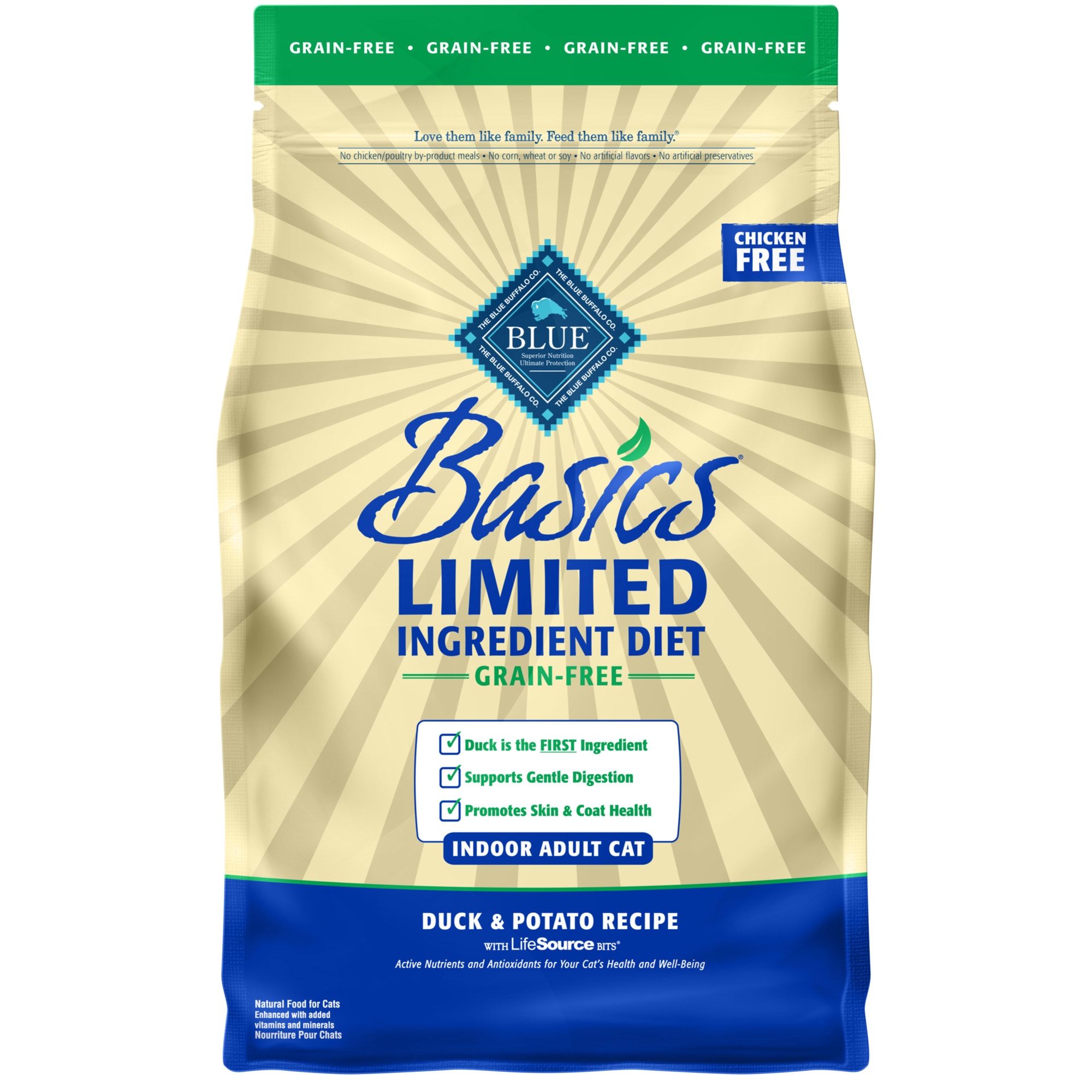 Blue Buffalo Blue Basics Limited Ingredient Grain Free Duck & Potato Indoor Adult Cat Food, 5 Lbs.