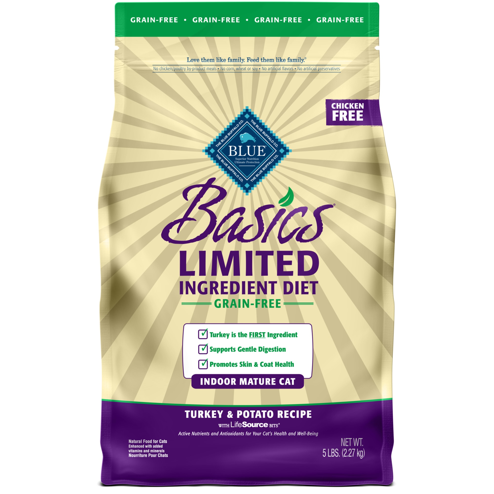 Blue Buffalo Blue Basics Mature Grain-Free Turkey and Potato Recipe Dry Cat Food, 5 Lbs.