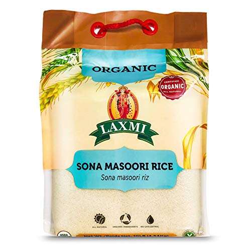 Laxmi Organic Sona Masoori Rice, All Natural, Organic Ingredients, No Cholesterol, USDA Organic, Vegetarian, 10lb (White Rice)