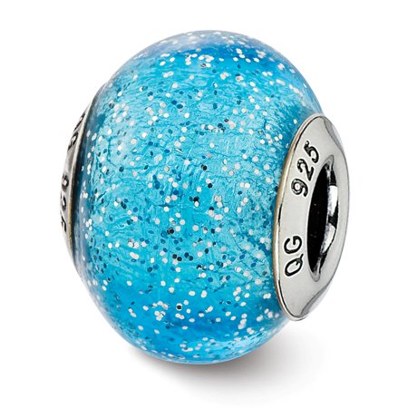 Solid 925 Sterling Silver Italian Light Blue Silver Glitter Glass Bead Small Charm Tiny Pendant - 12mm X 10mm