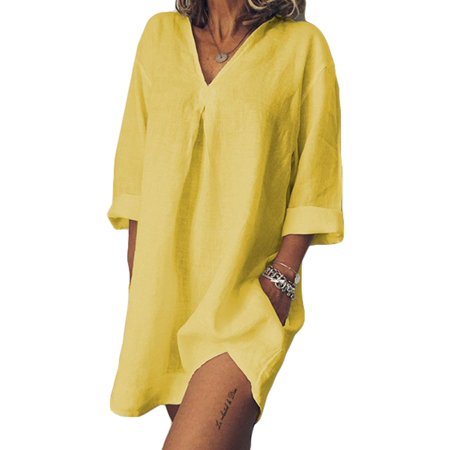 Women V Neck Cotton Linen T-Shirt Dress Tops Ladies 3/4 Half Sleeve Casual Baggy Short Dress with Pocket