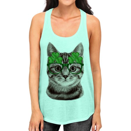 Junior's Cat Shamrock Glasses B1630 PLY Mint Racerback Tank Top Small Mint
