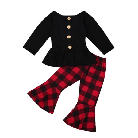 LA HIEBLA Baby Girls Christmas Long Sleeve Buttons Tops Plaid Flare Pants Xmas Set