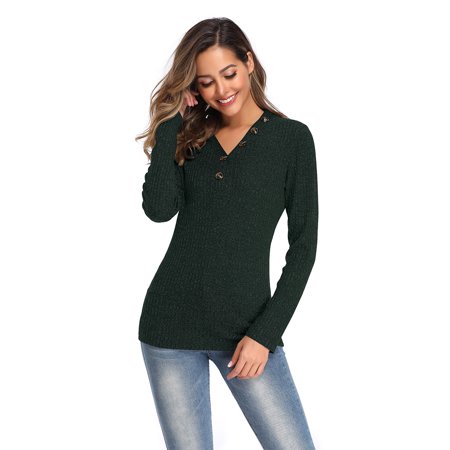 Women S V-neck Button Sweater Long Sleeve Slim Fit Solid Color Pullover OLRIK 5509