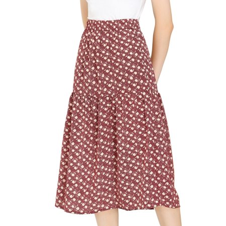 Allegra K Junior S Vintage a-Line Elastic Waist Dots Floral MIDI Skirt