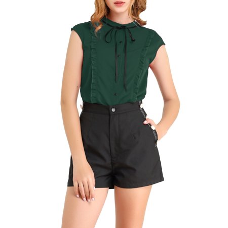 Allegra K Women S Tie Neck Cap Sleeve Button Down Ruffle Summer Shirt