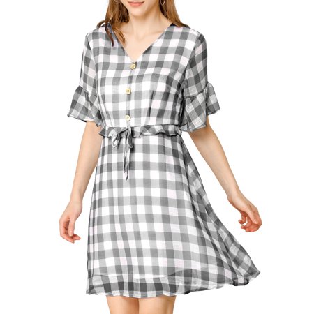 Allegra K Junior S Plaid V-Neck Button Flutter Sleeve Mini Dress