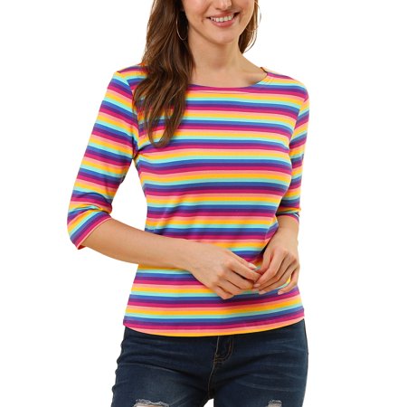 Allegra K Women S Casual T-Shirts Elbow Sleeves Slim Fit Boat Neck Tops