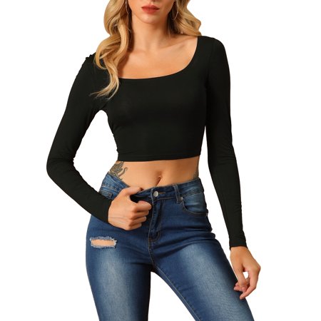Allegra K Junior S U Neck Cross Back Long Sleeve Bow Tie Waist Tops