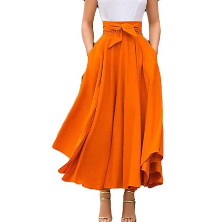Ruziyoog Multitrust Womens High Waist Flared Pleated Long Dress Gypsy Maxi Belted Skirt Full Length