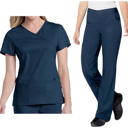 Landau Urbane Ultimate Womens Scrub Set 9577 Sophie Crossover Top and 9300 Michelle Yoga Flare Pant Navy (XSM Top/Pant Petite XS)