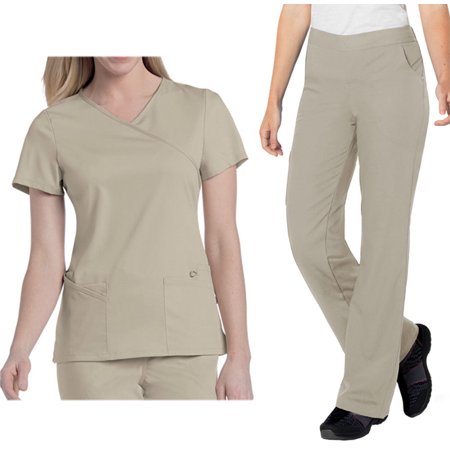Landau Urbane Ultimate Womens Scrub Set 9577 Sophie Crossover Top and 9300 Michelle Yoga Flare Pant Sandstone (3XL Top/Pant Petite 3X)