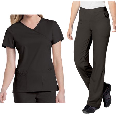 Landau Urbane Ultimate Womens Scrub Set 9577 Sophie Crossover Top and 9300 Michelle Yoga Flare Pant Black (MED Top/Pant Tall MD)