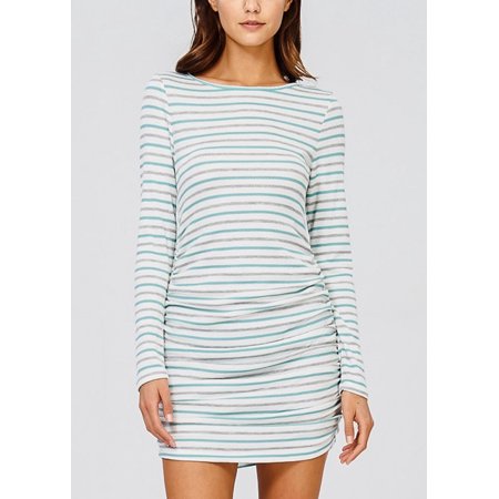 Womens Juniors Stripped Dress - Causal Elastic Detailed Dress - Mint Long Sleeve Dress 30551M