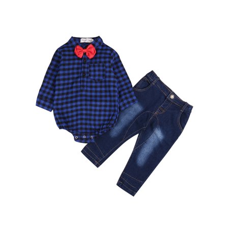 LA HIEBLA 2PCS Baby Boys Dress Gray Shirt Denim Pants Set Kids Gentleman Clothes Outfits