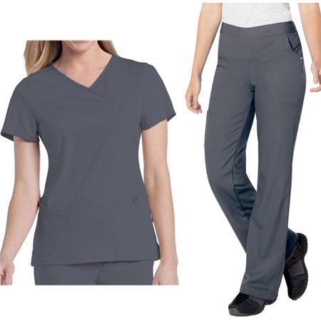 Landau Urbane Ultimate Womens Scrub Set 9577 Sophie Crossover Top and 9300 Michelle Yoga Flare Pant Steel Grey (MED Top/Pant Tall MD)