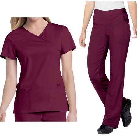 Landau Urbane Ultimate Womens Scrub Set 9577 Sophie Crossover Top and 9300 Michelle Yoga Flare Pant Wine (XLG Top/Pant Petite LG)