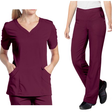 Landau Urbane Ultimate Womens Scrub Set 9550 Chloe Sweetheart Top and 9300 Bailey Drawstring Cargo Pant Wine (XSM Top/Pant SML)