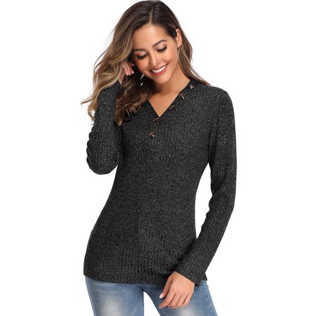 Women's V-neck Button Sweater Long Sleeve Slim Fit Solid Color Pullover OLRIK 5509