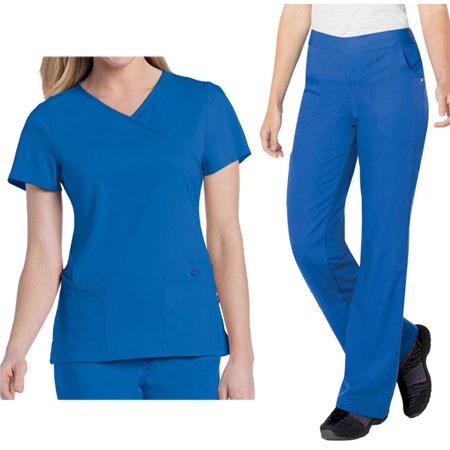 Landau Urbane Ultimate Womens Scrub Set 9577 Sophie Crossover Top and 9300 Michelle Yoga Flare Pant Royal (SML Top/Pant Petite MD)