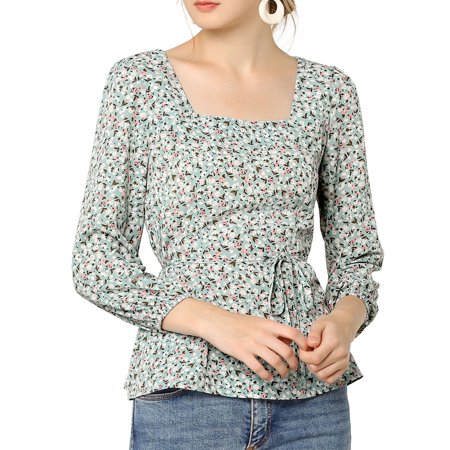 MODA NOVA Junior S Floral Square Neck Long Sleeve Casual Pullover Blouse Mint Green M