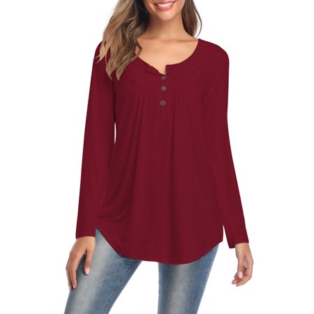 Women S New Style V-neck Button Long-sleeved Solid Color Loose T-shirt OLRIK 5588