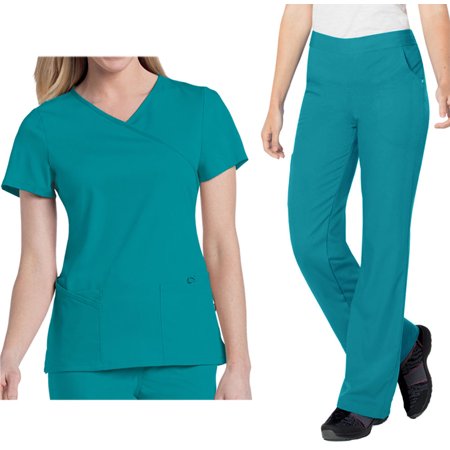 Landau Urbane Ultimate Womens Scrub Set 9577 Sophie Crossover Top and 9300 Michelle Yoga Flare Pant Teal (SML Top/Pant Petite XS)
