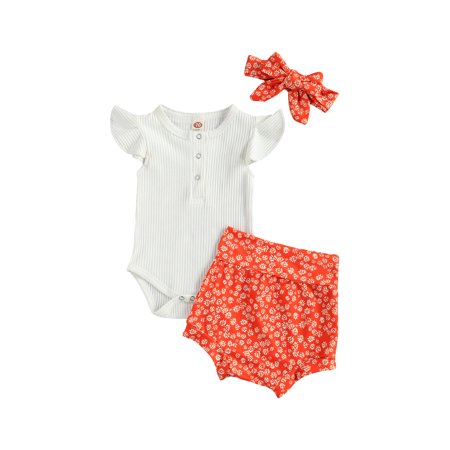 LA HIEBLA Baby Girls 3Pcs Clothes Set Ribbed Romper High Waist Shorts Headband