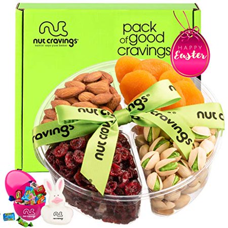 Premade Easter Gift Baskets for Adults & Kids, Candy Filled Eggs + Bunny - Dried Fruit & Nut Platter (4 Piece Assortment) - Healthy Food Arrangement, 