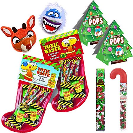 Christmas Stocking Stuffers Candy for Kids  Rudolph Lip Pops  Tootsie Roll Christmas Tree  Holiday Choco Rocks  Toxic Waste Stocking with Sour Candy  