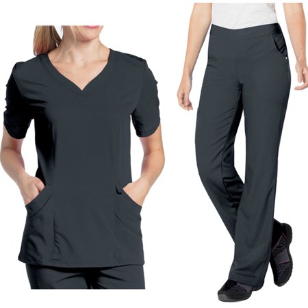Landau Urbane Ultimate Womens Scrub Set 9550 Chloe Sweetheart Top and 9300 Bailey Drawstring Cargo Pant Graphite (XLG Top/Pant XLG)