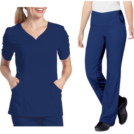 Landau Urbane Ultimate Womens Scrub Set 9550 Chloe Sweetheart Top and 9300 Bailey Drawstring Cargo Pant True Navy (MED Top/Pant LGE)