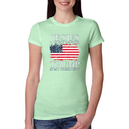 Jesus Is My Savior Trump Is My President MAGA Religious Pride  Womens Political Slim Fit Junior Tee, Mint, Small