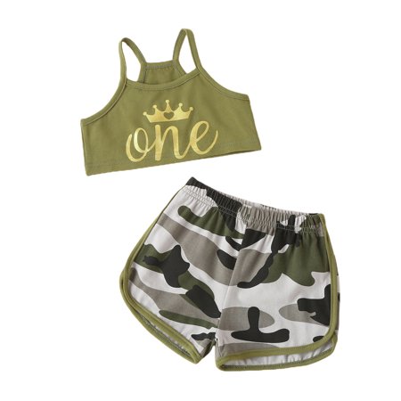 LA HIEBLA Baby Girls Outfits Clothes Set, Letter Print Cropped Tops+Camouflage Shorts