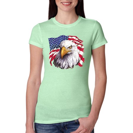 Freedom Eagle American USA Flag Womens Americana / American Pride Slim Fit Junior Tee, Mint, Small
