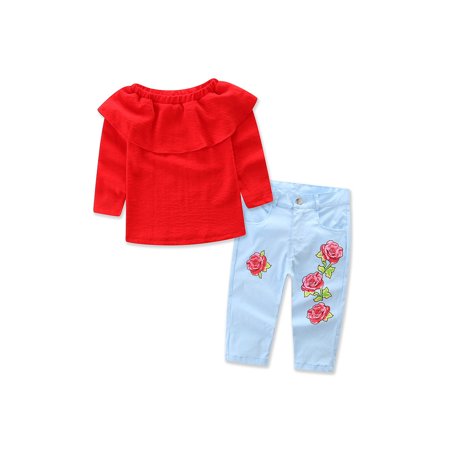 LA HIEBLA Toddler Kids Baby Girl Outfit T-shirt Top Denim Pants Jeans Set