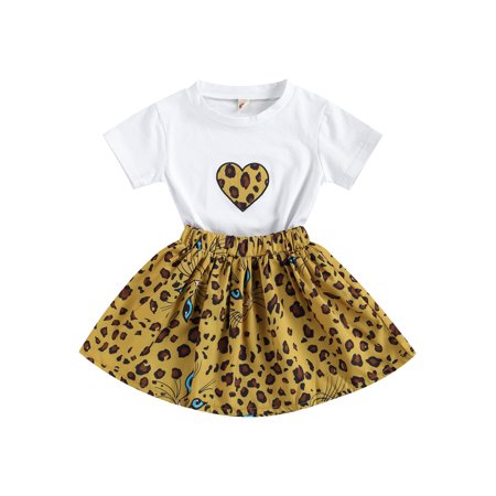 LA HIEBLA Baby Girls Skirt Outfit Sets Heart Print T-Shirt Tops Leopard Skirt
