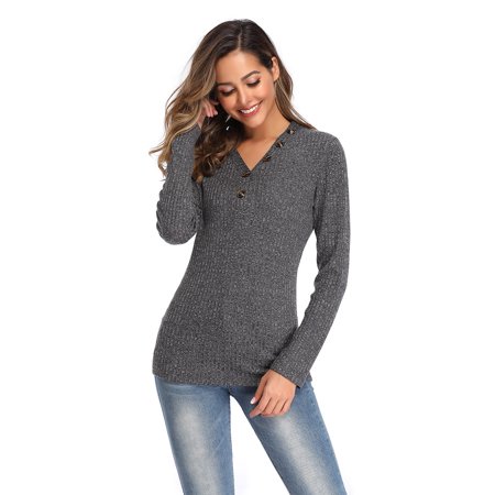 Women S V-neck Button Sweater Long Sleeve Slim Fit Solid Color Pullover OLRIK 5509