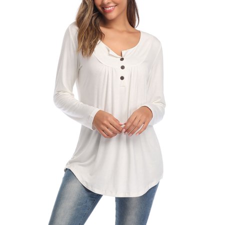 Women S New Style V-neck Button Long-sleeved Solid Color Loose T-shirt OLRIK 5588