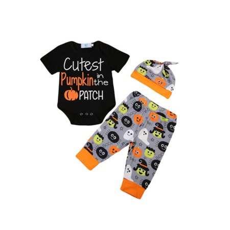 LA HIEBLA Halloween 3PCS Set Newborn Baby Boy Girl Romper Pants Hat Outfits