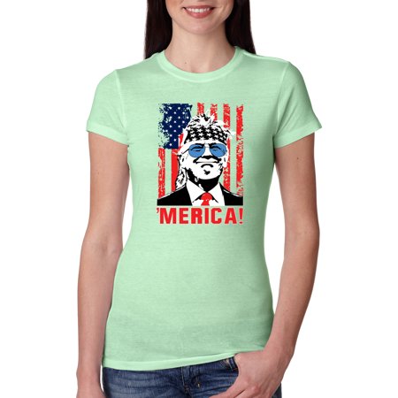 Merica Freedom Trump Classic 80s Republican USA Pride  | Womens Political Slim Fit Junior Tee  Mint  Small