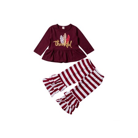 LA HIEBLA Toddler Kid Baby Girl Thanksgiving Dress Tops Stripe Ruffle Pants Set